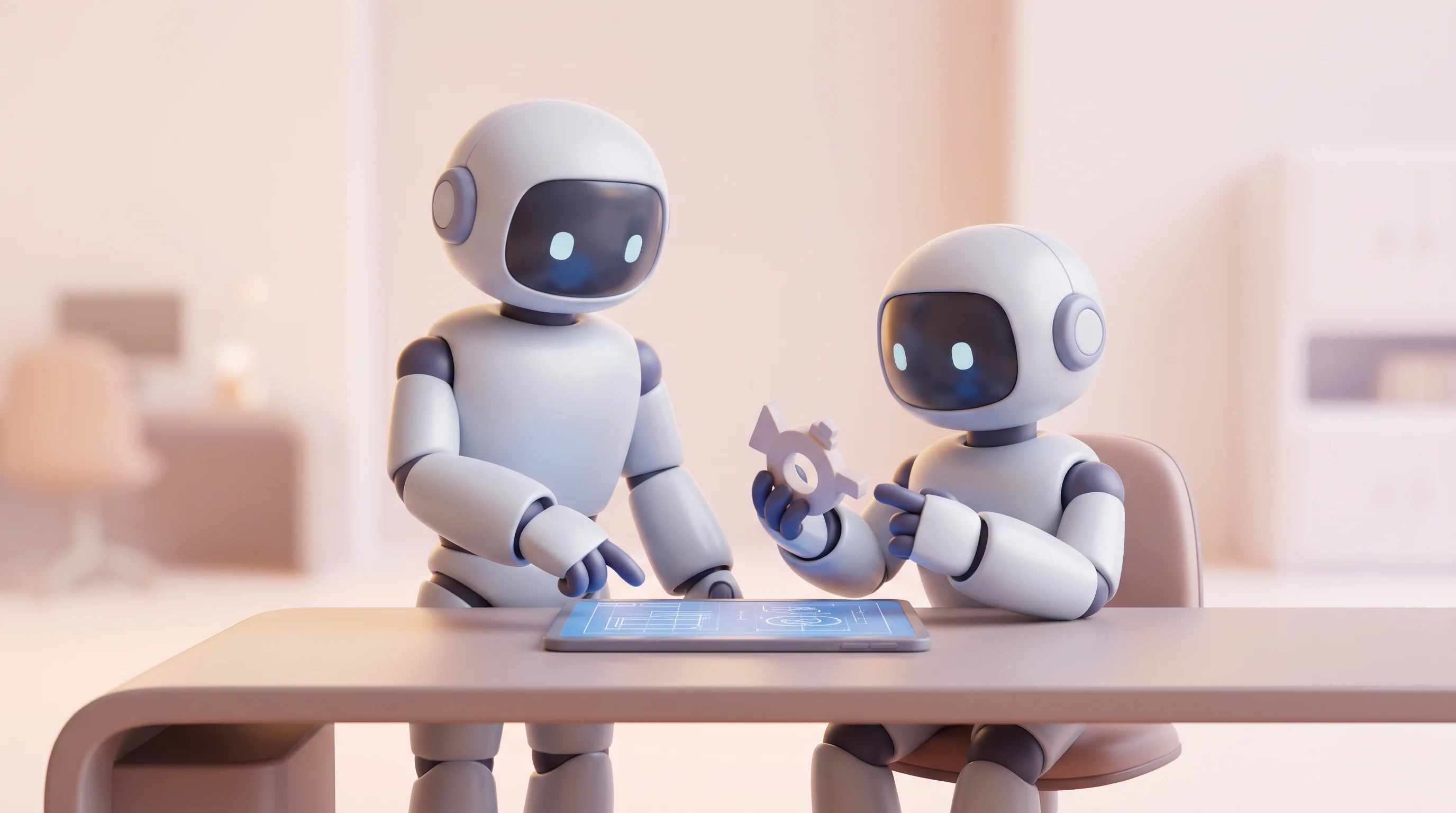 Digital illustration for article section "The founders and the team" in "Machenta raises $40M to teach robots tasks from one demo" - A clean, minimalist 3D rendering of two sleek, approachable robotic figures collaborating at a smoot...