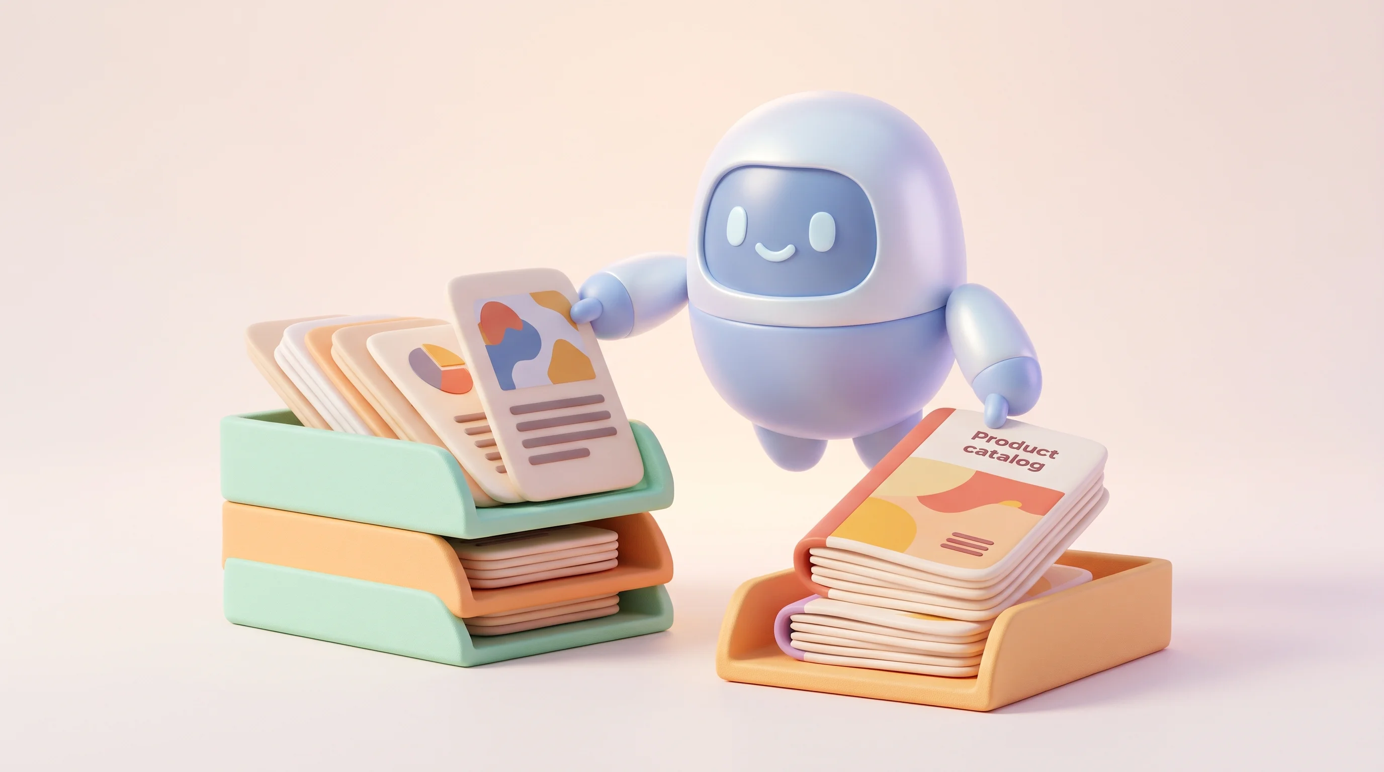 Digital illustration for article section "What the software does" in "Tendos raises $13.4M to automate construction manufacturing sales" - A minimalist and clean 3D illustration of a friendly, rounded, hovering smart-assistant device seaml...