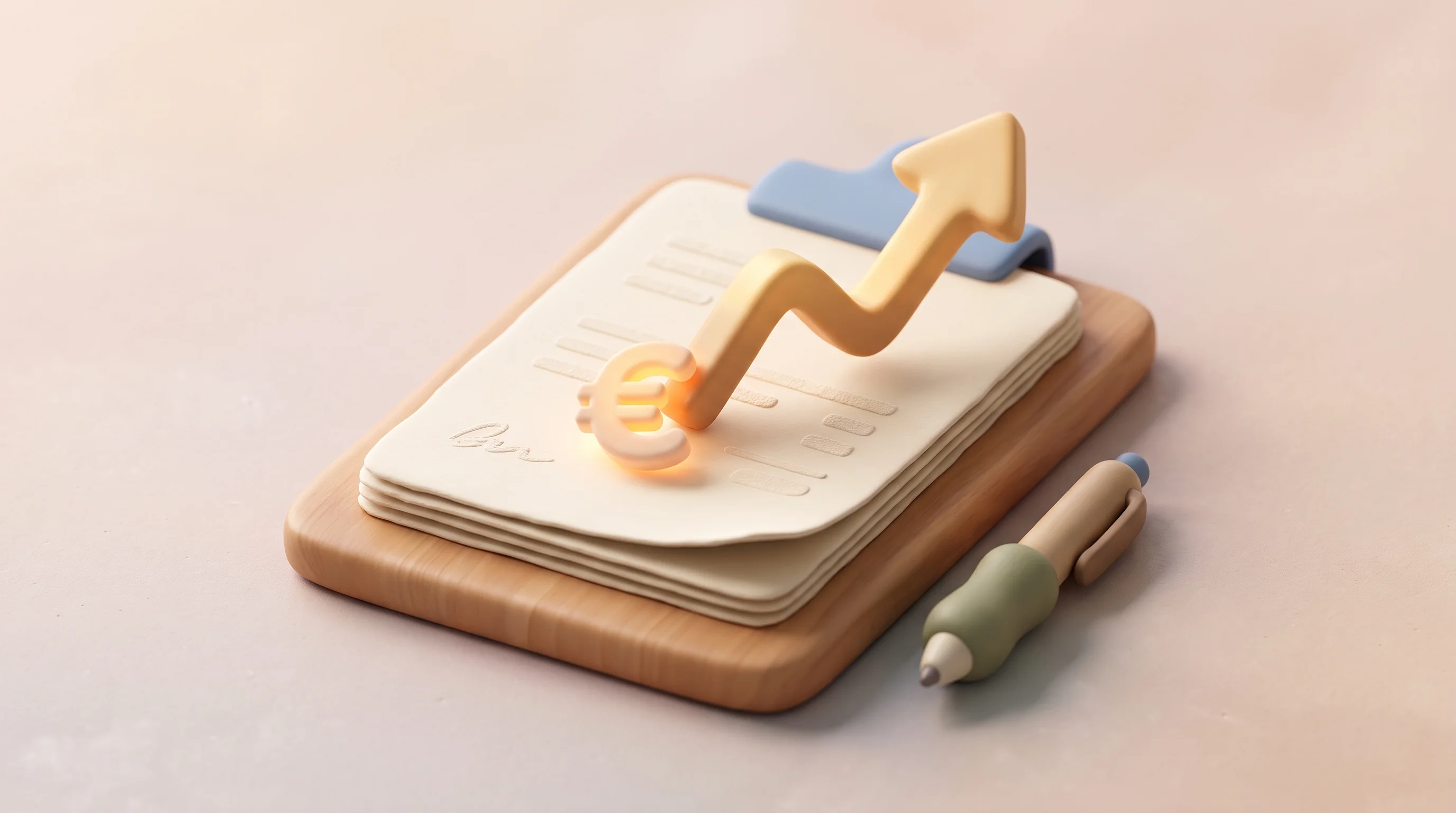 Digital illustration for article section "Customers and early traction" in "Tendos raises $13.4M to automate construction manufacturing sales" - A single, stylized 3D quotation document resting on a soft, uncluttered surface, representing massiv...