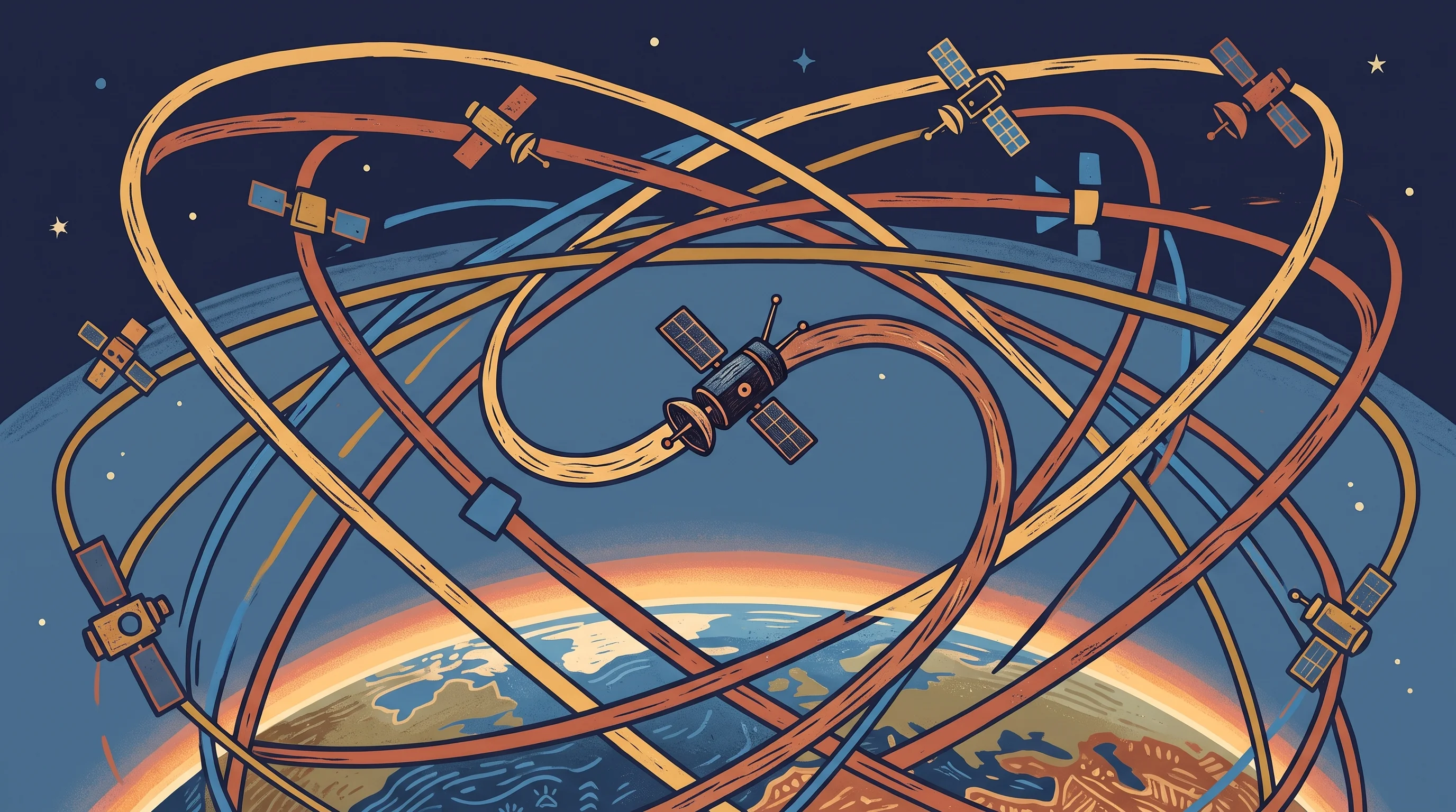 Digital illustration for article section "Why autonomy is moving onboard" in "Orca Aerospace builds AI operators that fly onboard satellites" - A clean, minimal conceptual illustration representing the growing crowding of space and the need for...