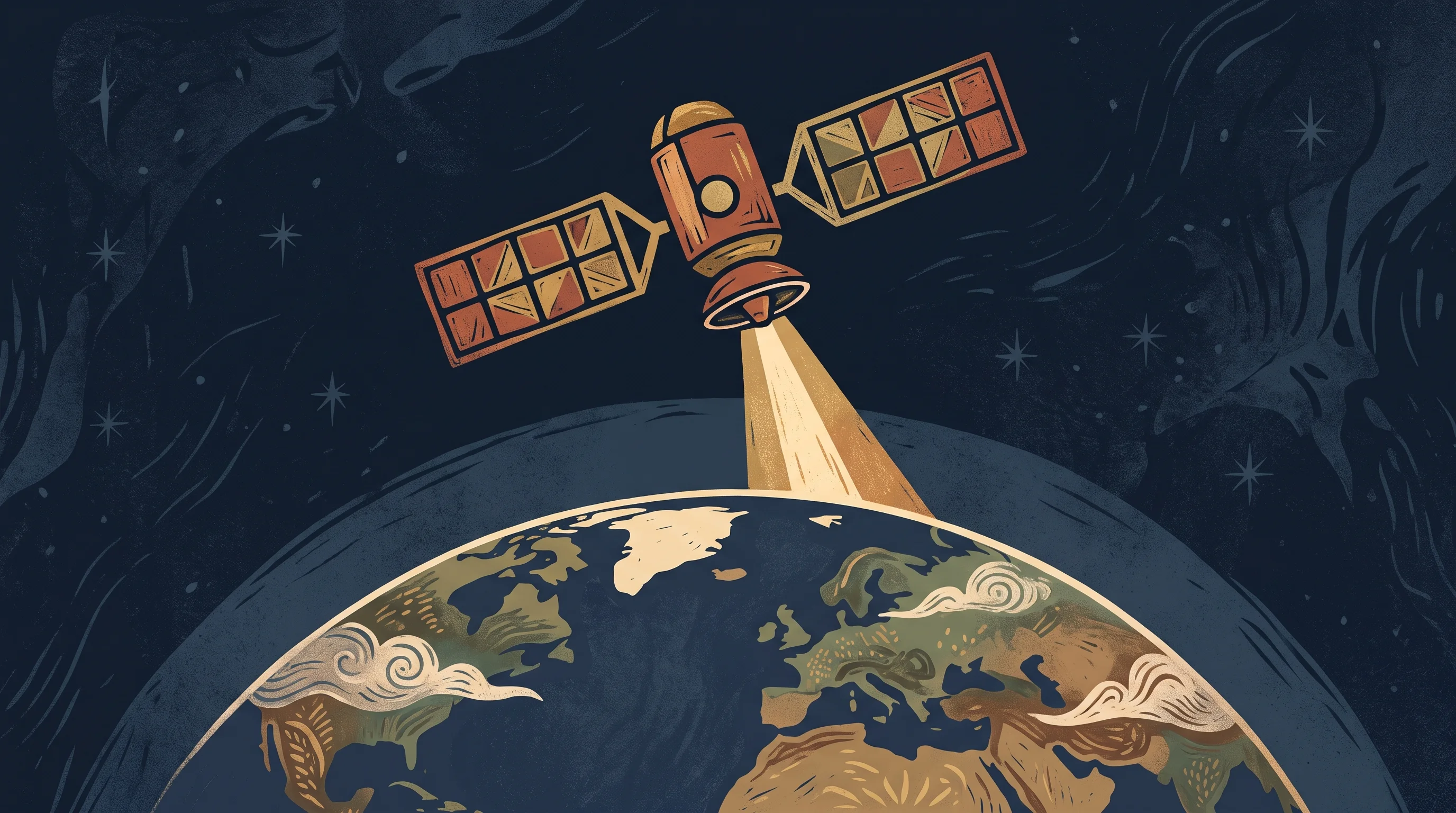 Digital illustration for article section "Trust is the bottleneck" in "Orca Aerospace builds AI operators that fly onboard satellites" - A minimalist and conceptual illustration of a solitary low-Earth-orbit satellite floating above the ...