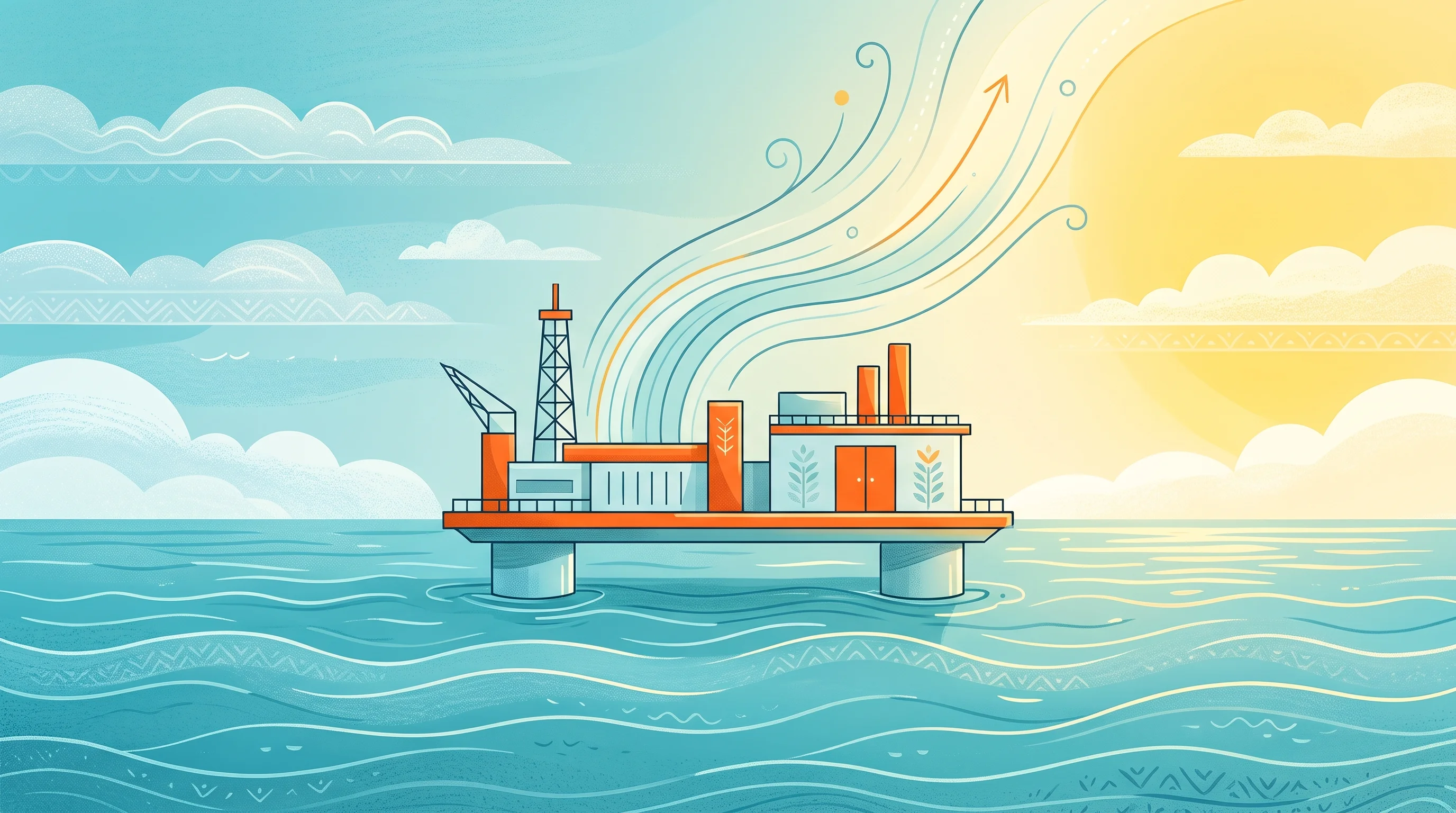 Digital illustration for article section "Why Offshore, and Why Now" in "Aikido launches floating wind platform with 10 MW data halls" - A clean, conceptual illustration of a modern offshore data center structure resting peacefully on ca...