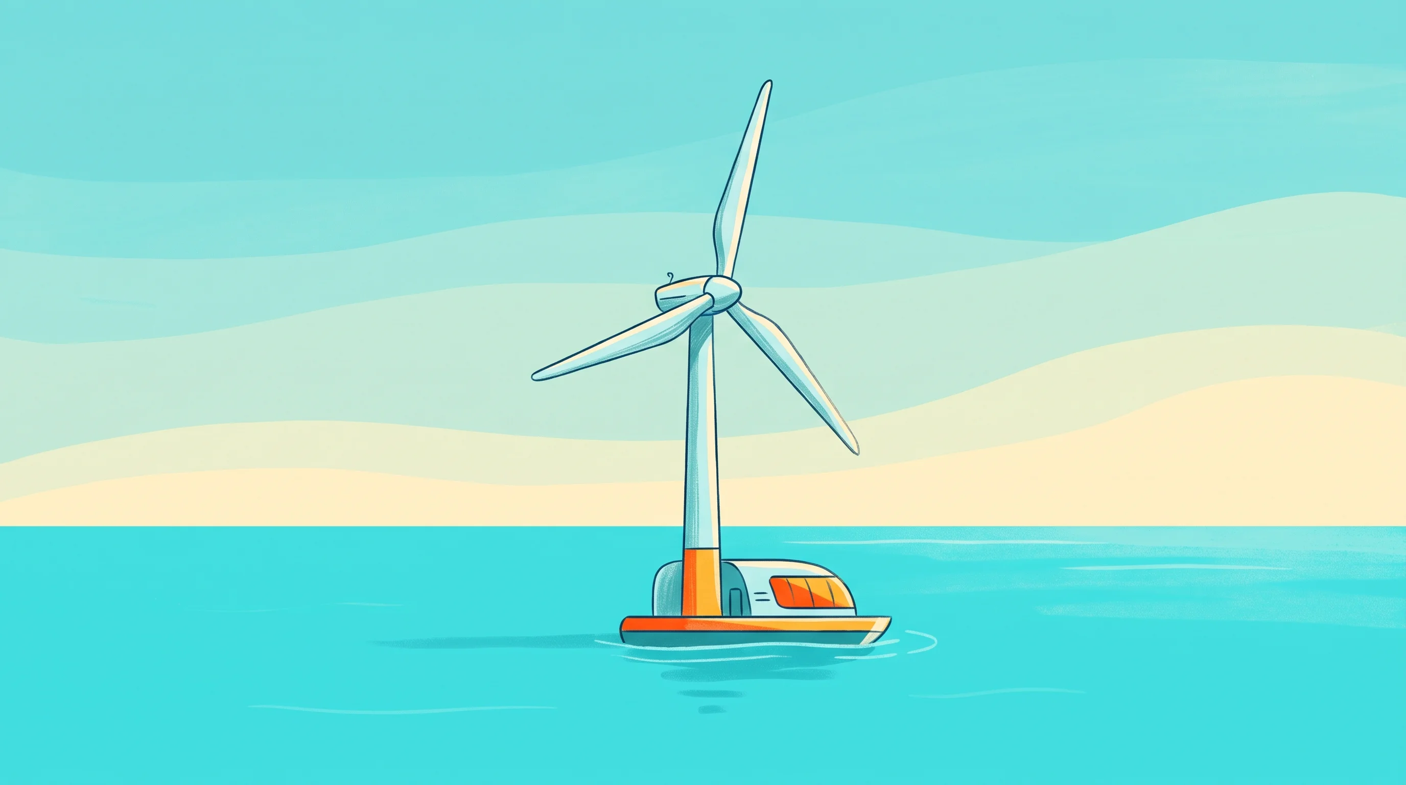 Digital illustration for article section "What Remains Unproven" in "Aikido launches floating wind platform with 10 MW data halls" - A minimalist, conceptual illustration of a sleek, small offshore wind turbine featuring a modern dat...