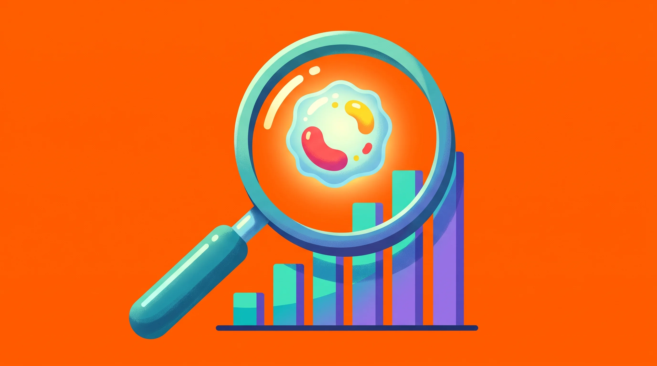 Digital illustration for article section "What to watch" in "Mana.bio builds AI-native platform for programmable drug delivery" - A modern, oversized magnifying glass focusing on a stylized, luminous T-cell hovering above a simple...
