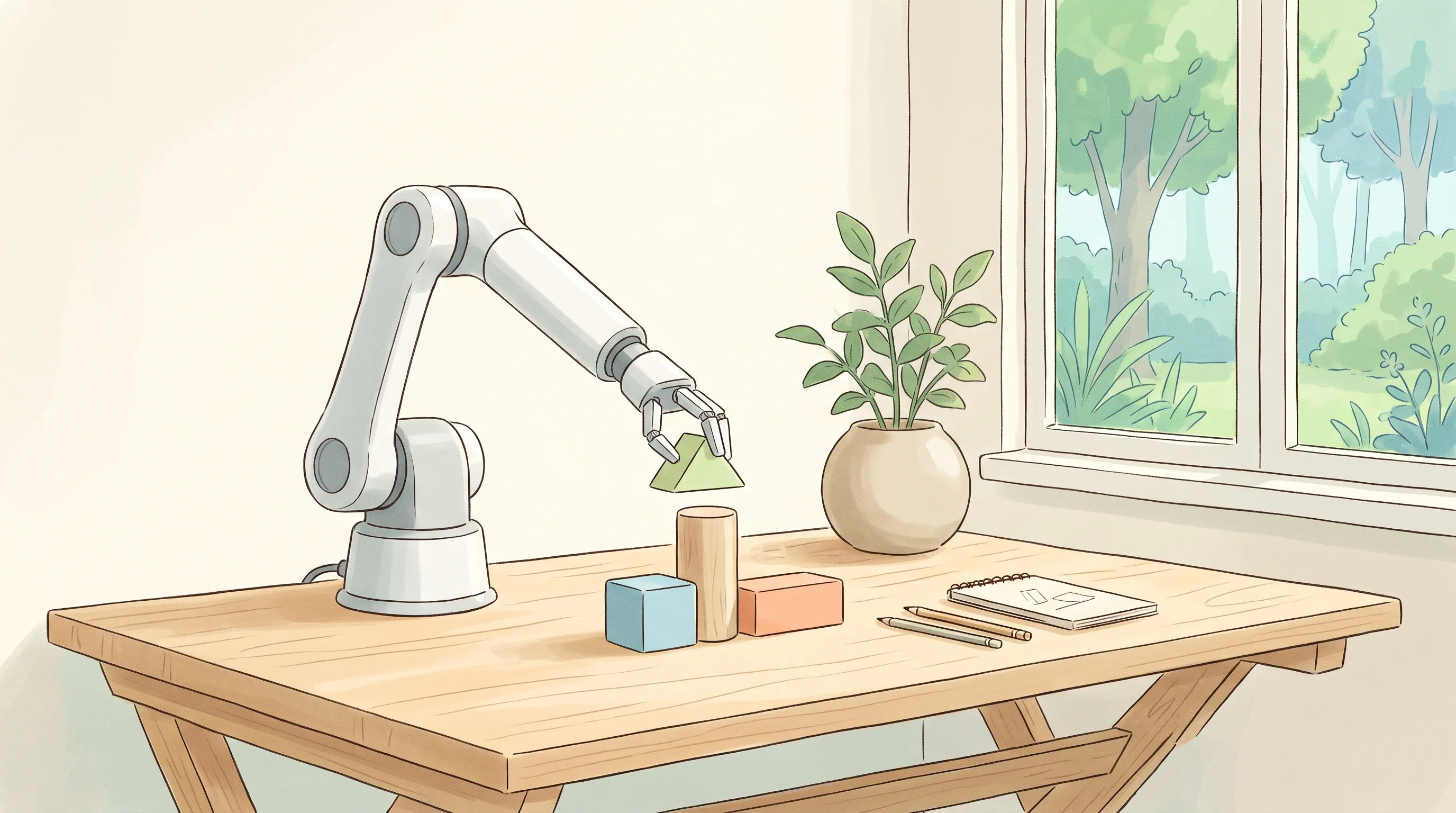 Digital illustration for article section "Founders and team" in "Plato raises $16M to build simulated workplaces for AI agents" - A serene, conceptual workspace representing the foundational building of robotics and computer visio...