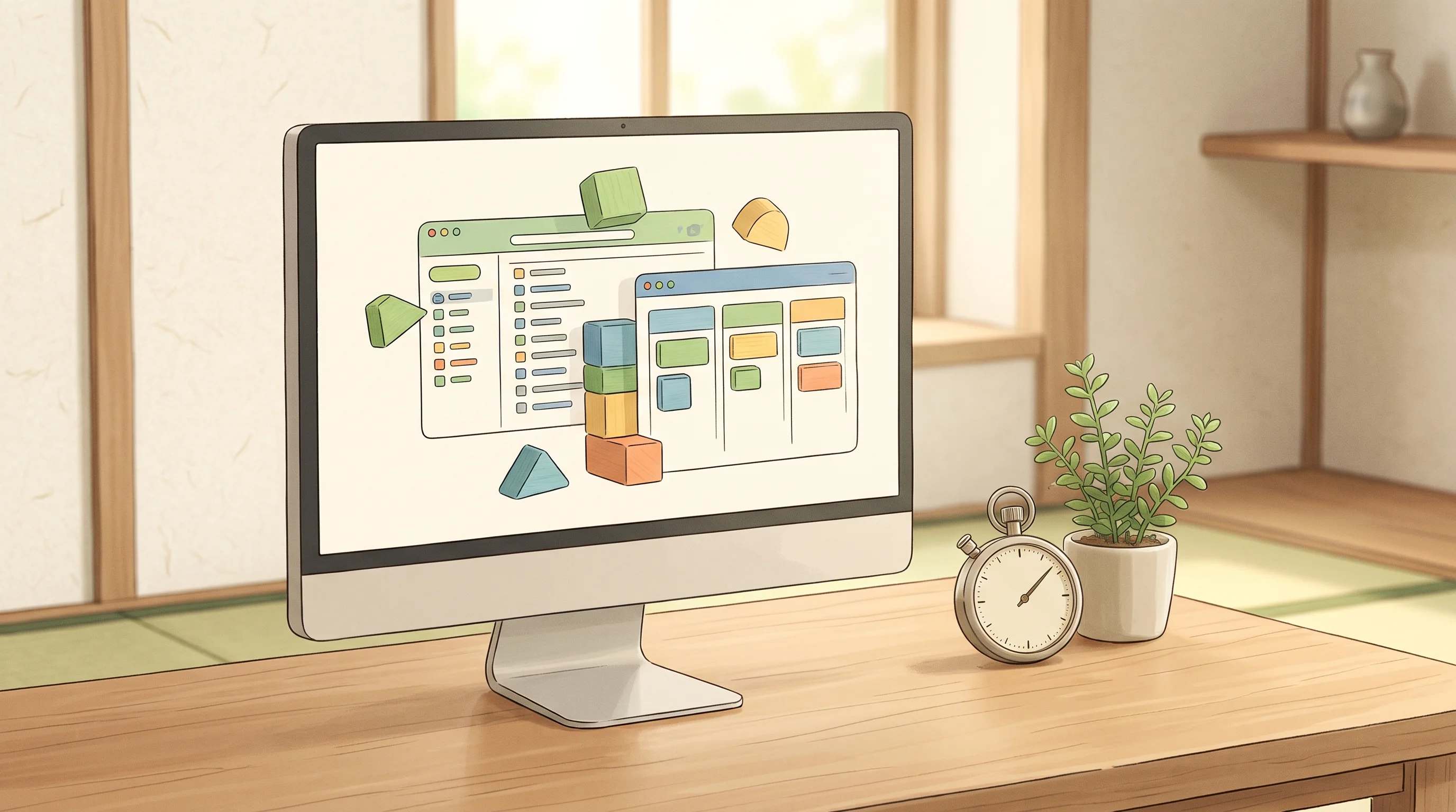 Digital illustration for article section "Benchmarks and competition" in "Plato raises $16M to build simulated workplaces for AI agents" - A serene, minimalist Japanese-inspired illustration of a clean wooden desk featuring a modern comput...