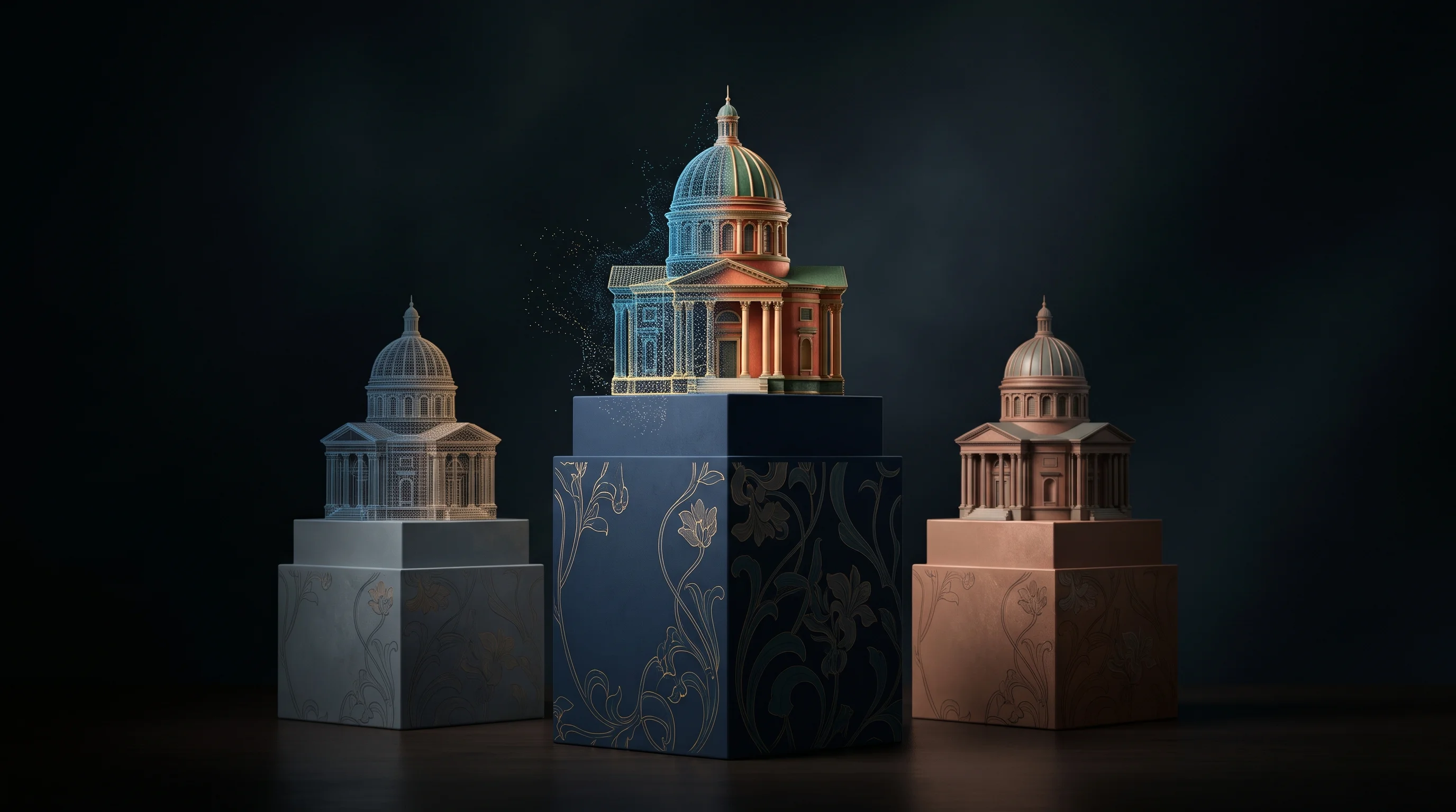 Digital illustration for article section "How Echo-3 stacks up against rivals" in "SpAItial launches Echo-3 to turn iPhone video into 3D spaces" - A clean, minimalist conceptual image representing the comparison of advanced 3D spatial mapping and ...