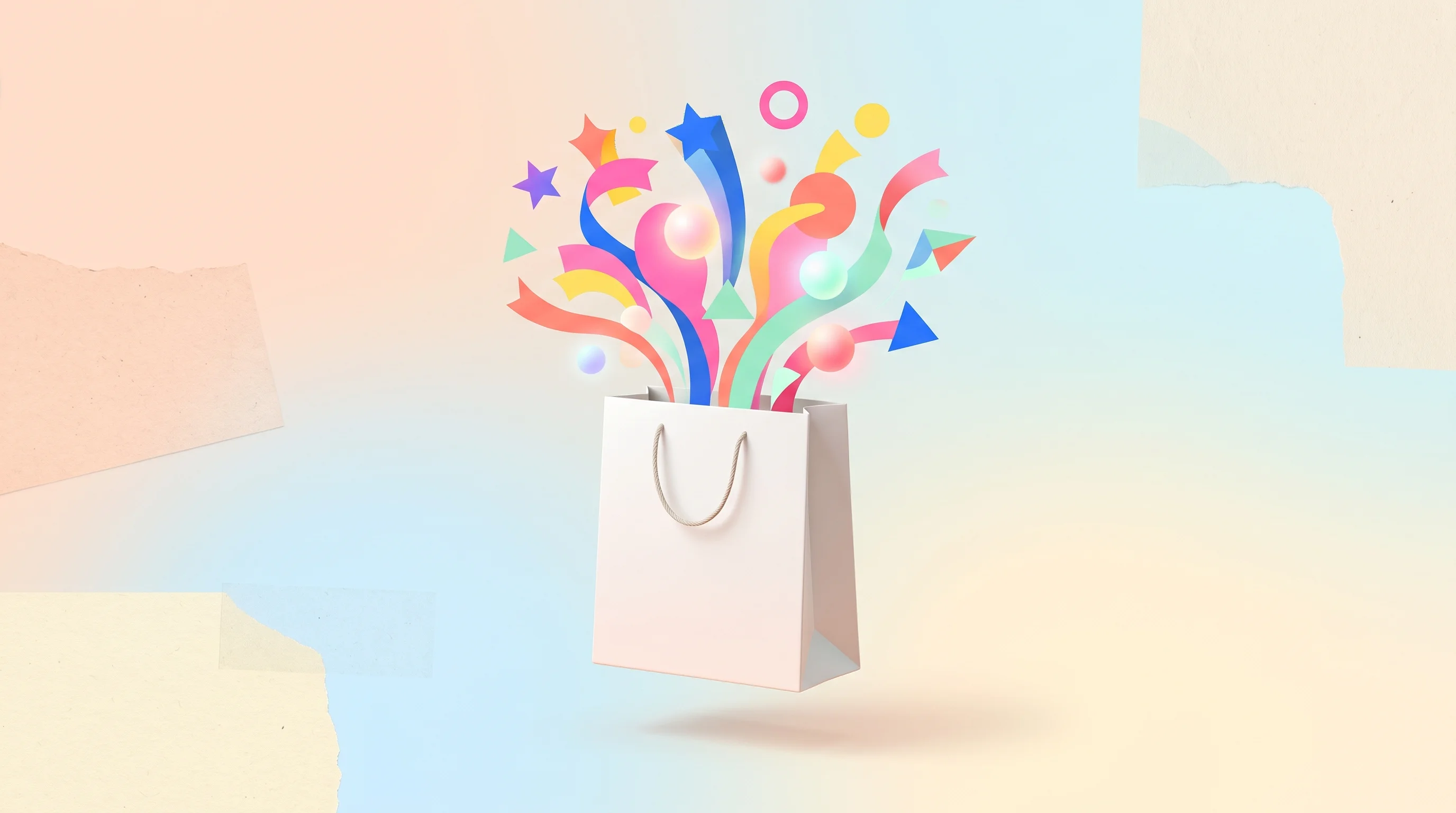 Digital illustration for article section "The case for discovery" in "Dalet Labs raises $7M to build AI image feeds for shopping" - A conceptual, minimalist illustration representing the delightful experience of shopping and discove...