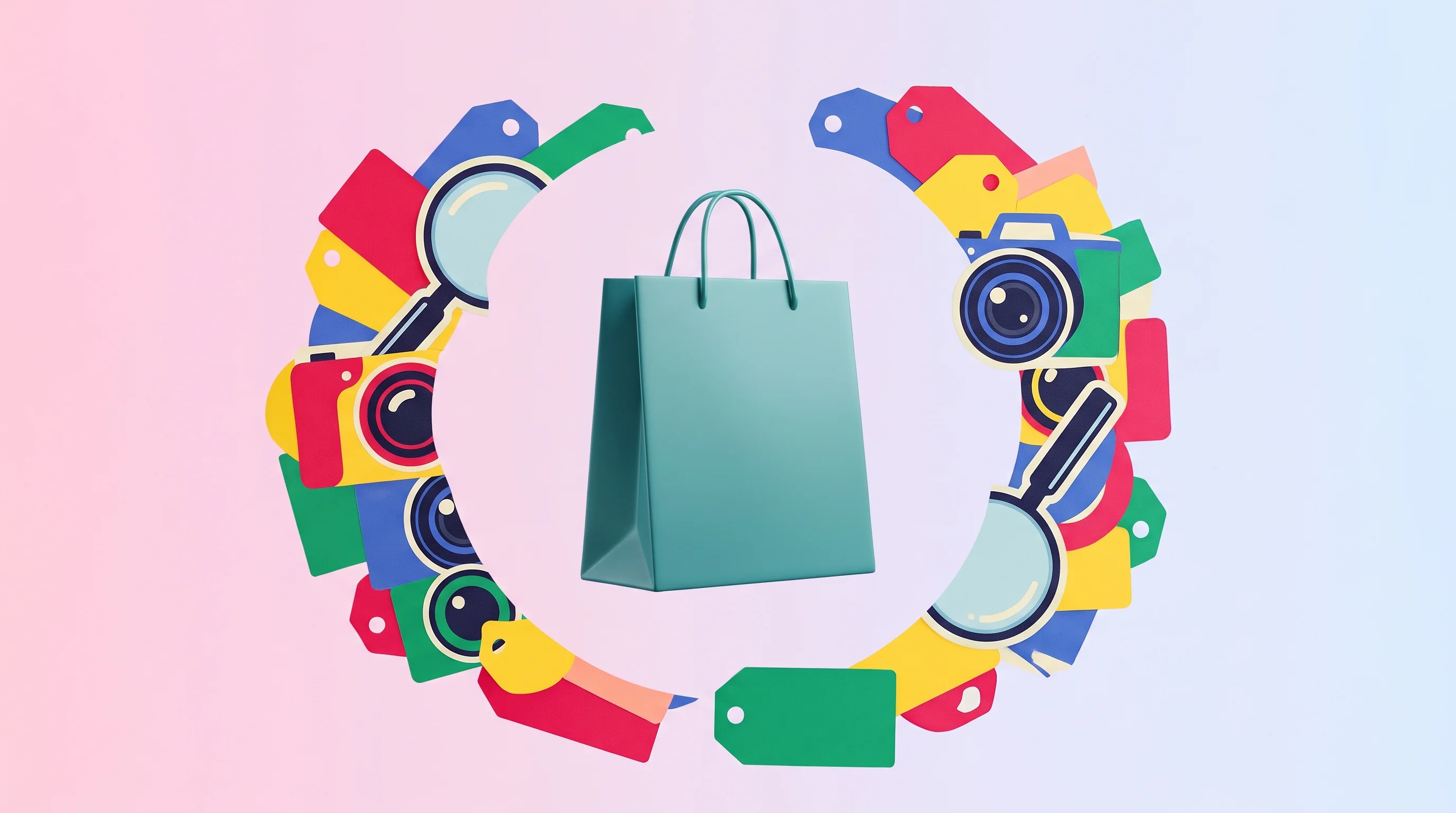 Digital illustration for article section "Crowded territory" in "Dalet Labs raises $7M to build AI image feeds for shopping" - A conceptual and minimalist surreal pop art composition representing a crowded e-commerce territory,...