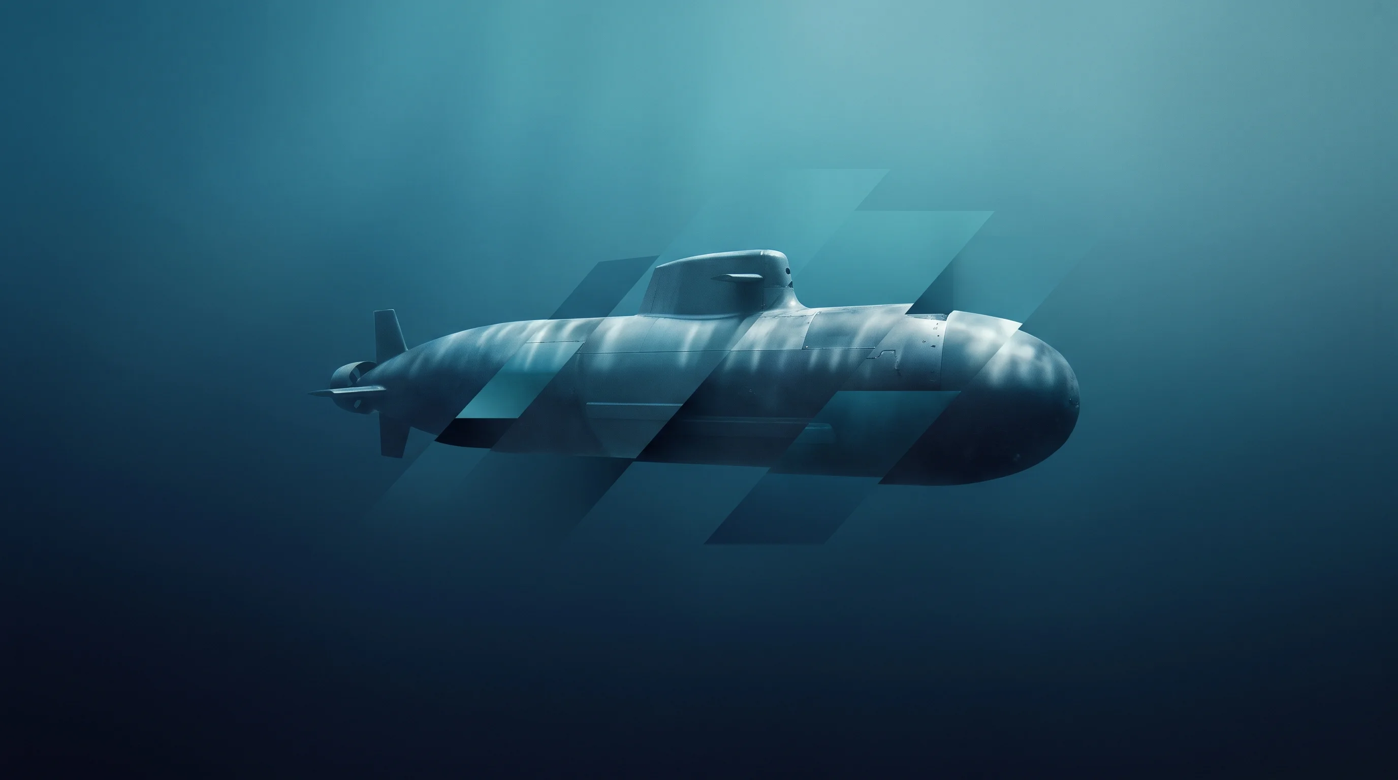 Digital illustration for article section "Defense demand" in "Kairox Systems unveils Tempest drone that flies and swims" - A sleek, modern unmanned undersea vehicle gliding silently through deep, minimalist oceanic waters, ...