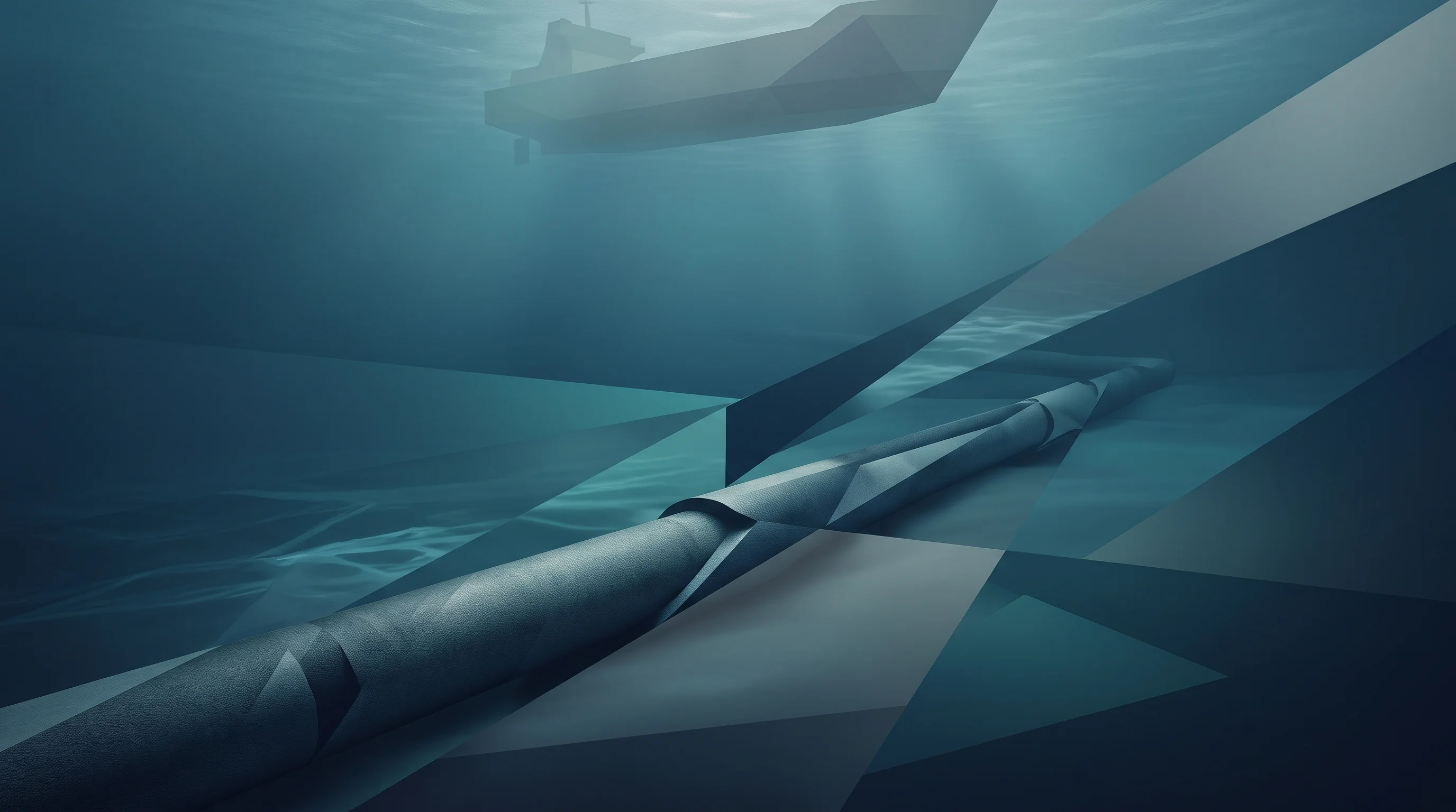 Digital illustration for article section "Cables and climate" in "Kairox Systems unveils Tempest drone that flies and swims" - A minimalist, conceptual depiction of a thick submarine telecommunications cable resting silently on...