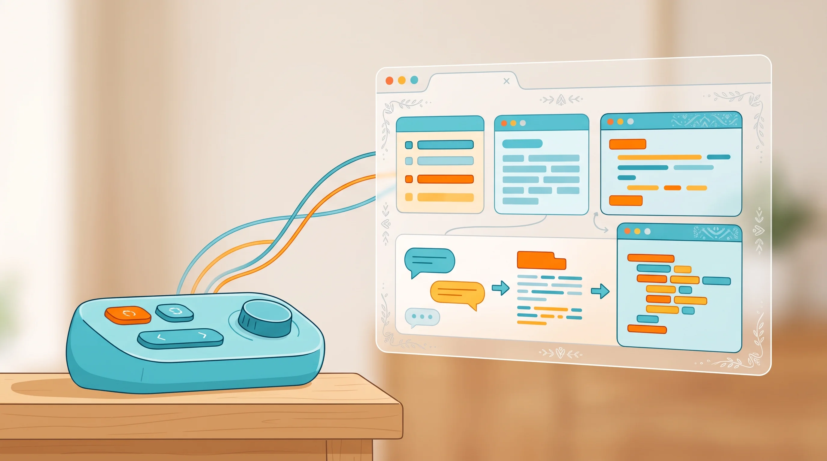 Digital illustration for article section "The product" in "Neuron Industries raises $10M to replace PLCs with AI controllers" - A clean, minimalist conceptual illustration of a sleek modern hardware controller device paired with...