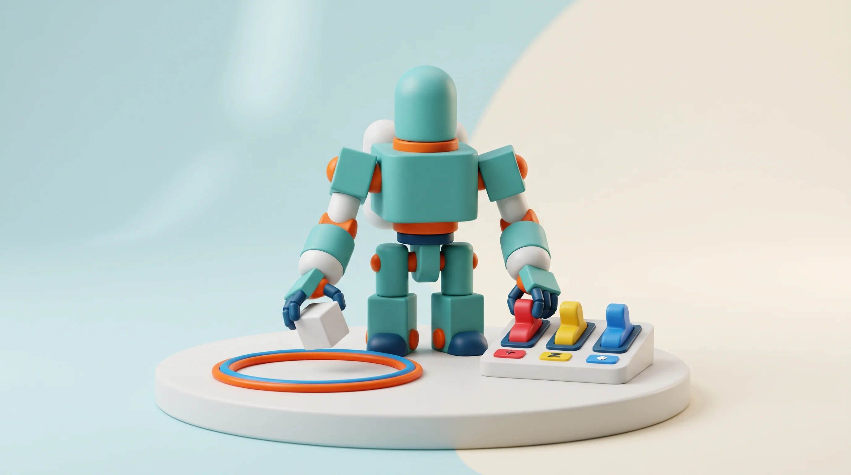 Digital illustration for article section "How much freedom the agents get" in "Volaren launches AI agent that trades your portfolio for you" - A 3D Pop Art Toy style illustration of a faceless, geometric AI agent figurine standing on a clean, ...