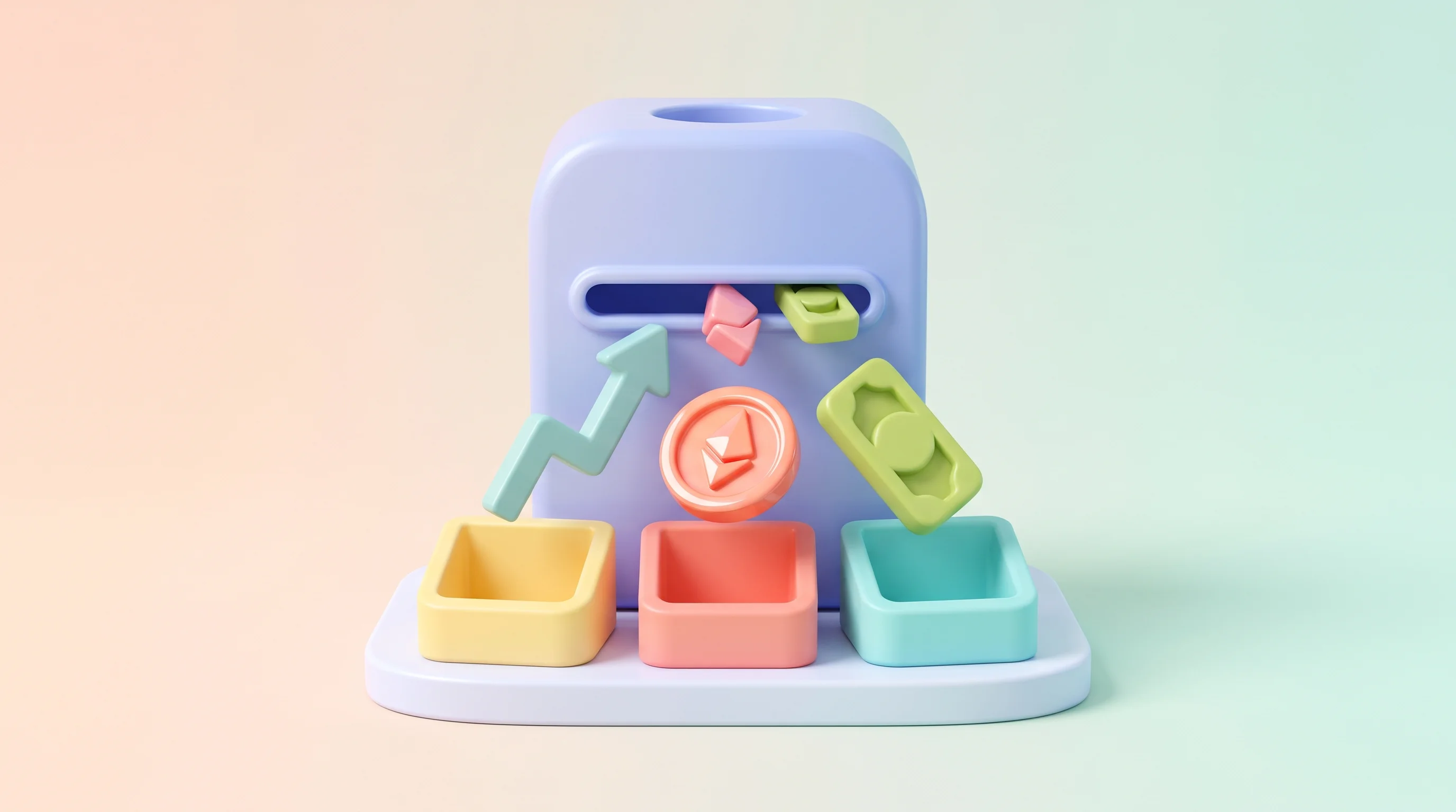 Digital illustration for article section "Where it can actually place orders" in "Volaren launches AI agent that trades your portfolio for you" - A conceptual 3D pop art toy style illustration of a financial trading order hub, where a sleek, mini...