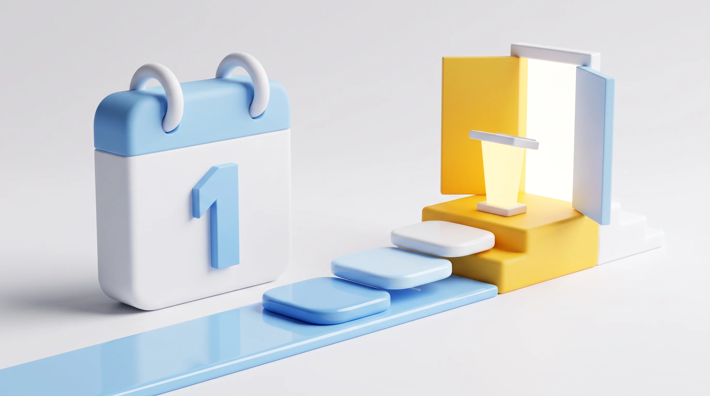 Digital illustration for article section "What comes next" in "Volaren launches AI agent that trades your portfolio for you" - A clean, minimalist 3D conceptual scene representing future company milestones and a highly anticipa...