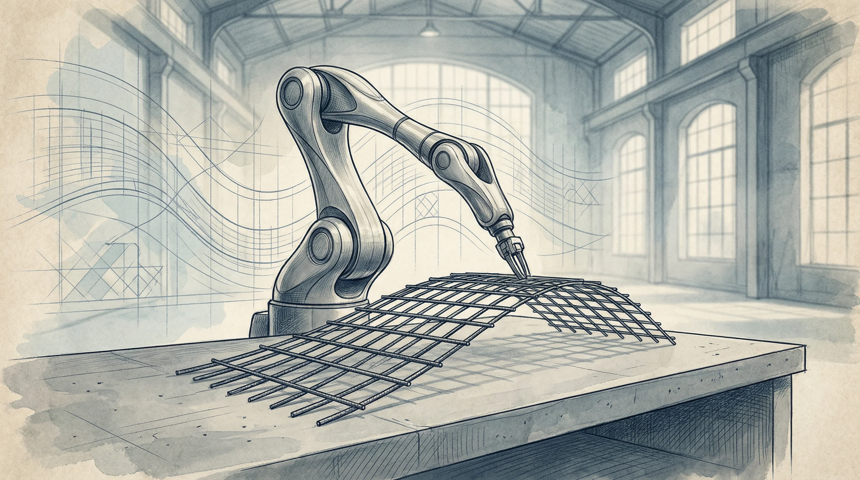 Digital illustration for article section "The Broader Automation Wave—and Its Limits" in "ABB, Sika Back Construction Robotics Startup MESH in Seed Round"