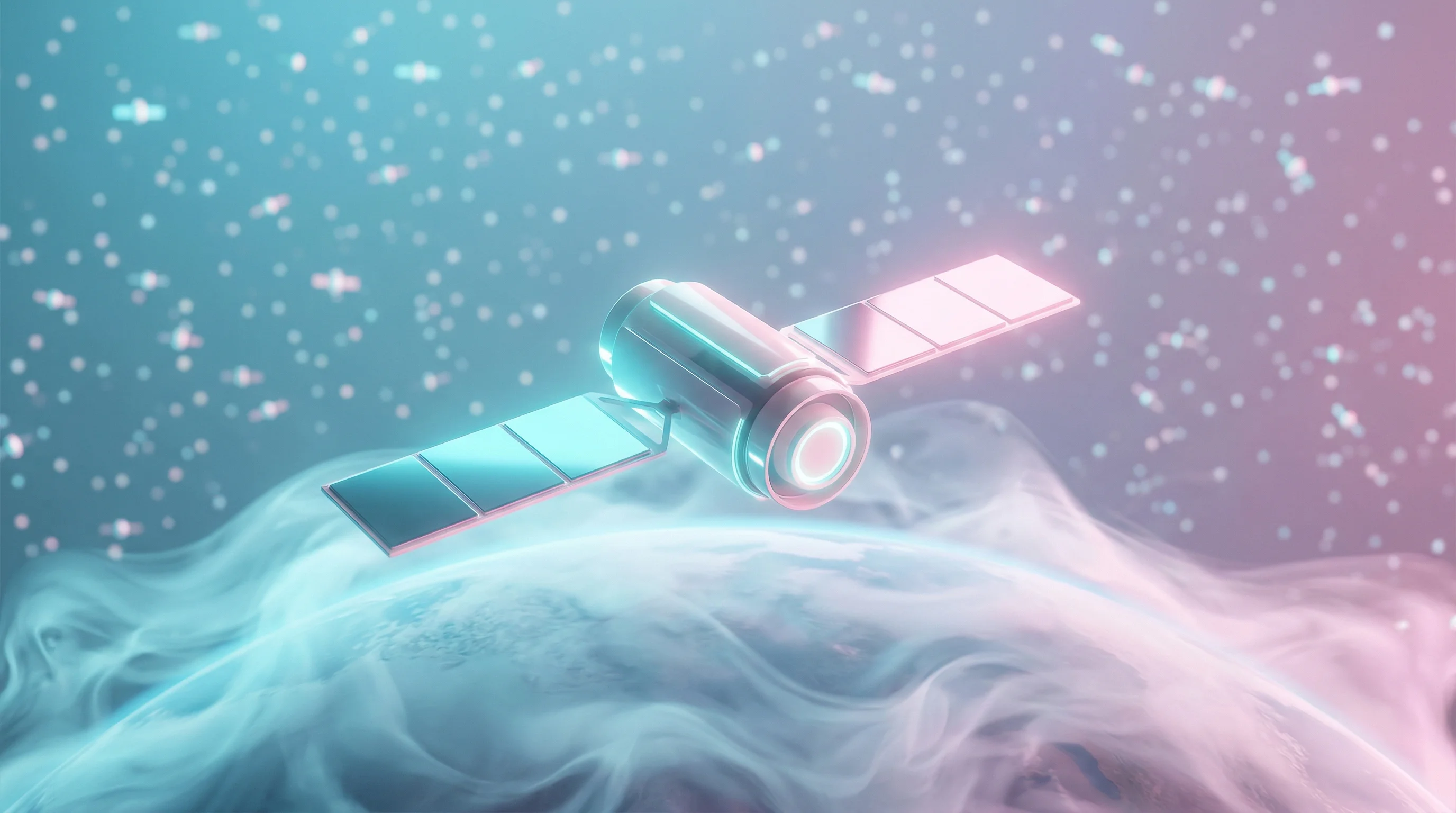 Digital illustration for article section "A Suddenly Crowded Sky" in "Starcloud Hits $1.1B Valuation Building AI Data Centers in Space"